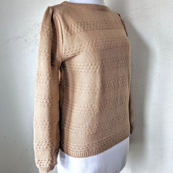 Twee Vintage Sweater Puffed Sleeves Boatneck Taupe 1970s 1980s Knit Grannycore - Picture 1 of 8